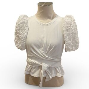 Current Air White Puff Sleeve Tie Waist Blouse Small Romantic ethereal sweet